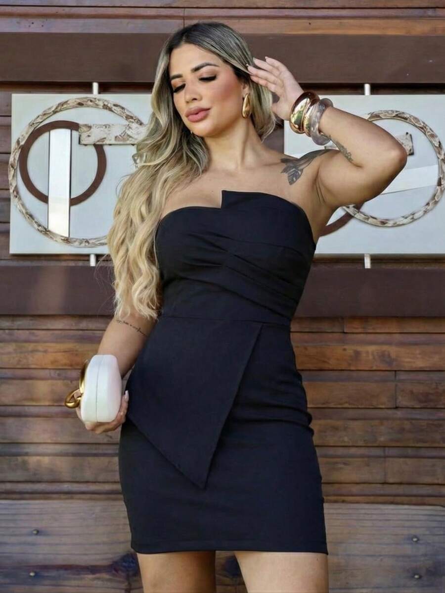 Women's Tailored Dress With Asymmetrical Design - Sophisticated Look - 黑色 - 查看 1