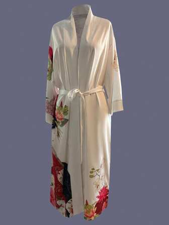 印花中长款七分袖和服式罩衫薄外套，女士优雅休闲宽松外套，适合海滩、旅行、度假、作为睡袍或浴袍穿着，配有腰带