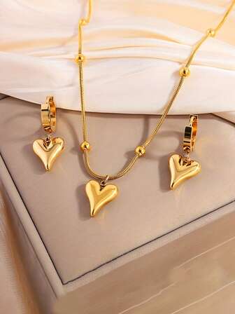 1 Set Stainless Steel 3D Heart Pendant Necklace + Earrings Jewelry Set, Suitable For Daily Wear And Gift Giving For Holidays