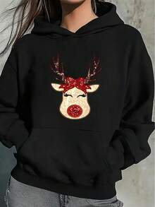 Oversized Cotton Reindeer Print Sweatshirt For Women, Black Christmas Sweatshirt For Home Or Restaurant Use, Lightweight And Durable Design, Festive Casual Comfort Outfit, Holiday Clothing, Cozy Reindeer Print Sweatshirt - Black - View 1