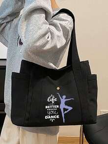 大容量舞蹈印花手提包，黑色化妆包 - 醒目的“DANCE”字母，拉链封口，宽敞的内部空间 - 耐用涤纶单肩包，适合舞蹈练习，可爱复古简约字母印花包，多功能购物手提包，演出、工作、旅行 - 黑色/可水洗 - 专业又不失日常时尚感的手提包 - 彩色 - 查看 19