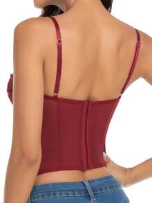 1 pièce Haut corset pour femmes pour sortir, haut de soirée en dentelle et tulle avec bretelles fines - Rouge foncé - Voir 3