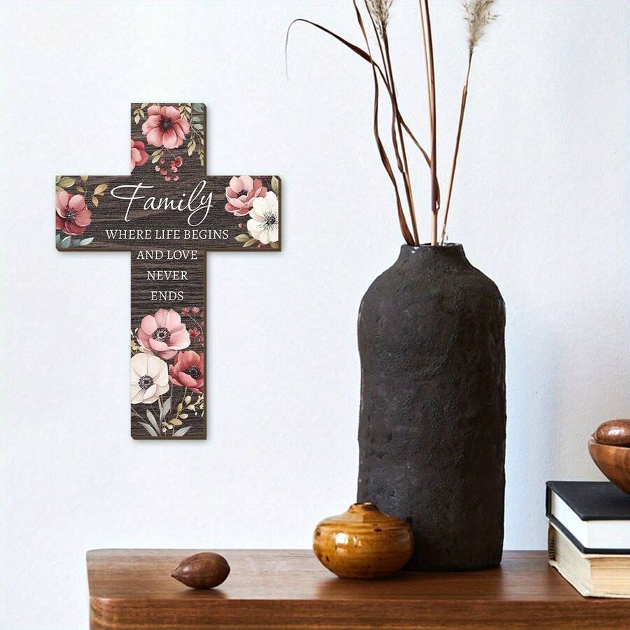 1pc Wooden Cross-Shaped Wall Decor Plaque, Rustic Warm Tone Wood Grain Floral Design, "Family" & "Blessing" Healing Text, Cozy Home Hanging Decor, Suitable For Entryway, Living Room, Bedroom, Spring Renewal, Holiday Decoration, Romantic Family Gift For Valentine's Day, Easter Hope & Gratitude Ambiance - Chocolate Brown - View 1