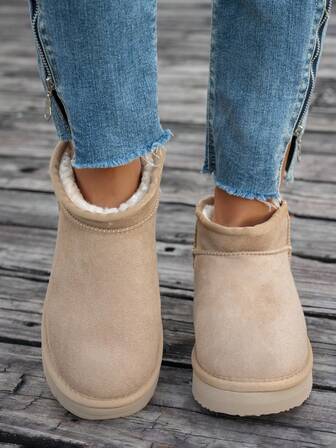 Dam Enfärgade Casual Varma Slip-On Högklackade Tjocka Sulor Korta Snökängor, Inomhus- och Utomhuskläder, Höst/Vinter