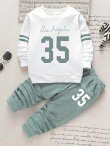 2pcs/Set Boys' Numeric Print Sweatshirt And Sweatpants Sports Suit, Fashionable For Autumn/Winter - Green - View 3