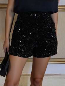 Livesso 女士时尚通勤亮片宽松短裤，新年嘉年华 - 黑色 - 查看 5