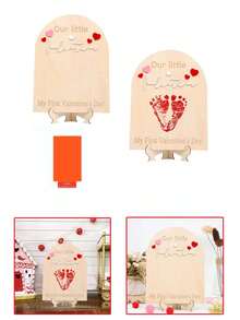 Our First Valentine's Day Footprint Wooden Board - Our Little Valentine's Day Wooden Milestone, Baby Footprint Wooden Craft, First Valentine's Day Memorial Milestone, Mini Valentine's Day Baby DIY Wooden Board - Khaki - View 5