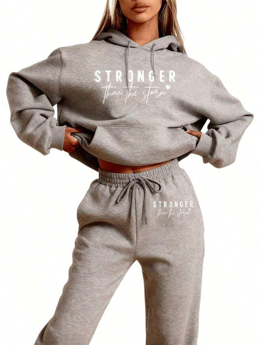 Women Winter ClothesLC Women's Casual - 'Stronger Than The Storm' Letter Print Hoodie, White, Loose Fit With Pockets, Perfect Autumn And Winter, Comfortable Clothing | Loose Fit Hoodie | Halloween Costumes, Thanksgiving Clothing, Hoodie Autumn And Winter, Unisex Short Sleeves, Plus Size Fall Clothes, Sweatshirt, Fall Clothes WomenLoose And Comfortablehoodie For Women - Xám - Xem 1