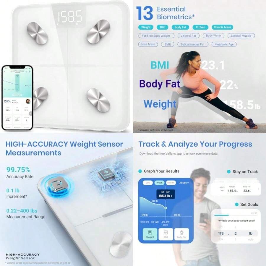 Etekcity Báscula inteligente para peso corporal, precisa hasta 0.02 kg, máquina de pesaje digital de baño para agua grasa muscular IMC para personas, monitores electrónicos de composición corporal Bluetooth, 400 libras(Actualizado Blanco) - Multicolor - Ver 1