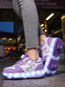 女童四轮滑冰鞋，新款儿童旋转按钮可调节滑冰鞋，PU皮革轻便耐用双轮隐形滑冰鞋，四季皆宜LED发光鞋，USB充电，可拆卸轮子，冰上滑冰/轮滑二合一鞋