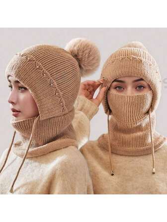 Gorro de punto con forro cálido - Resistente al viento, aislante, protección de orejeras, pasamontañas para el cuello, transpirable, que absorbe la humedad, esencial para ciclismo al aire libre en clima frío, gorro de punto con máscara y bufanda, gorro con orejeras forrado térmico, gorro de punto grueso para mujer, gorro cálido de otoño/invierno para ciclismo