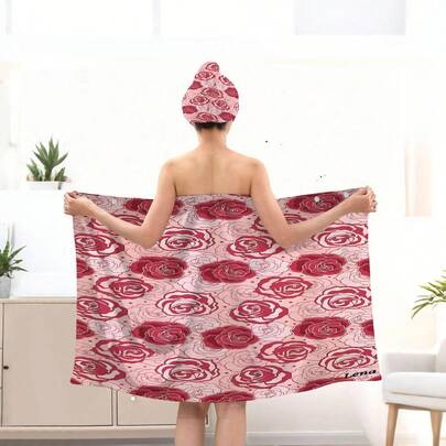 2pcs Pink Rose Print Bath Robe Set, Romantic & Elegant Style, Made Of Absorbent & Skin-Friendly Towel Material, Includes Tube Dress And Matching Headwrap. Covered In Red Rose Prints On Pink Background With Subtle Line Patterns, Delicate Details. Convenient To Wear After Bathing, Suitable For Women In Bathroom, Living Room, Bedroom And More Scenarios