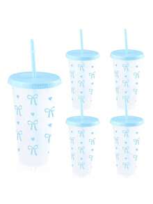 24oz Vasos de plástico reutilizables con tapas y pajitas, diseño lindo de lazo, adecuado para cumpleaños, bodas y fiestas, 1 pieza/5 piezas/10 piezas - Multicolor - Ver 14