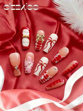 Original Design, Handmade, 10 Pieces Christmas Nails Art Stickers, Red Nails, Coffin-Shaped Press On Nails, White French Tips, Red Crocodile Texture Gradient Design, Hand-Drawn Bow Ribbons, Y2K Ballet Girl Aesthetics, 3D Metal Bow Decorations, Gold Beads And Star Accents, Reusable, Ladies' And Girls' Nail Art, Perfect For Parties, Celebrations, And Daily Wear,