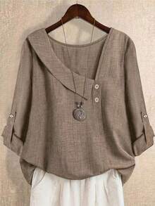 Women's Solid Color Asymmetric Collar Fashion Roll-Up Sleeve Long Sleeve Shirt With Tie, Suitable For Casual And Office Wear, All Seasons - Khaki - View 1