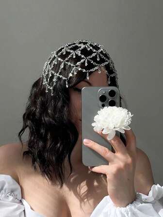 1 pieza Cadena de pelo de malla plateada con colgante de gota de agua de cristal brillante, accesorio de cabello nupcial, accesorios para el cabello