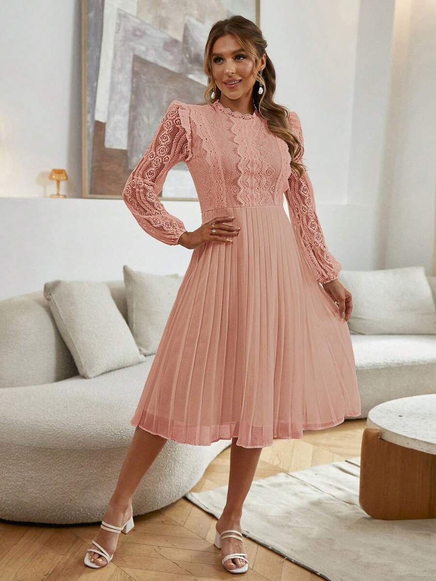 Simplee Women's Spring Lace Patchwork Solid Color Long Sleeve Pleated Dress, Elegant Formal Dress, Wedding Guest, Birthday Dress - Pink - View 1