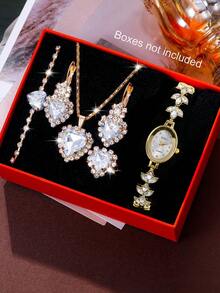 1 Set Mother's Day Women's Watch Set, Fashionable Elegant Round Dial Quartz Watch With Heart-Shaped Pendant Necklace, Earrings, Ring And Bracelet. This Jewelry Set Is Suitable For Daily Wear, Birthday Gift, Back To School, Thanksgiving And Romantic Occasions, Best Choice (Excluding Gift Box) - Gold - View 6