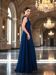 Women's Delicate 3D Floral Beaded Evening Dress: Rhombus Iridescent Mesh V-Neck Fitted Gown, Handcrafted Rhinestone High-End Formal Wear - Navy Blue - View 3