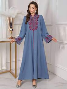 Elegant Traditional Embroidery Craftsmanship Leaf Pattern Woven Fabric Embroidered Long Sleeve Dress, Suitable For Festivals And Everyday Wear, Spring/Autumn - Dusty Blue - View 5
