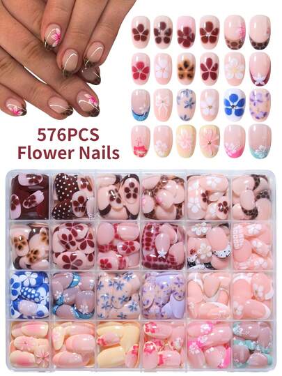 576pcs (24 Mixed Colors) Short Oval 3D Gel Nail Stickers, Suitable For Flower, Bow, Brown, Leopard Print, And Ladybug Nail Art Designs. Short Acrylic Fake Nails Set, Perfect Fit, Includes: 4pcs Jelly Gel And 2pcs Nail Files. Ideal For Summer, Girls' Daily And Party Use, Creating Various Floral Nail Art Designs.