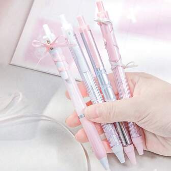 Rosyposy バレエリボン ローラーボールペン 4本セット、エレガントなダンサーのリボン付き黒インク筆記ペン、オフィス、学校、ギフト、景品用の個性的なプラスチックペン