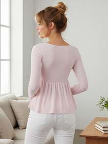 Women's Fall Peplum Tops Fashionable Casual Solid Color Long Sleeve V Neck Ruffle Hem Shirts - 粉色 - 查看 6