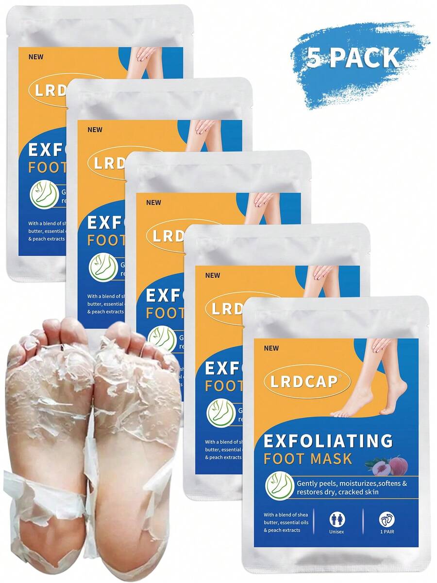 5 Pairs Peach & Aloe Vera Foot Mask - Exfoliating Foot Mask, Moisturizing & Nourishing With Lactic Acid, Urea & Malic Acid For Rough & Dry Feet,Foot Care,Nourishing, Exfoliating Mask,Foot Care Essentials,Foot Mask For Dead Skin Removal Foot Care, Pedicure Product & SPA , Merry Christmas Gift