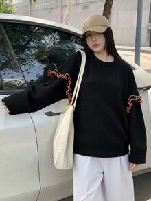 DAZY Women's Round Neck Contrast Trim Drop Shoulder Loose Casual Textured T-Shirt - Black - View 4