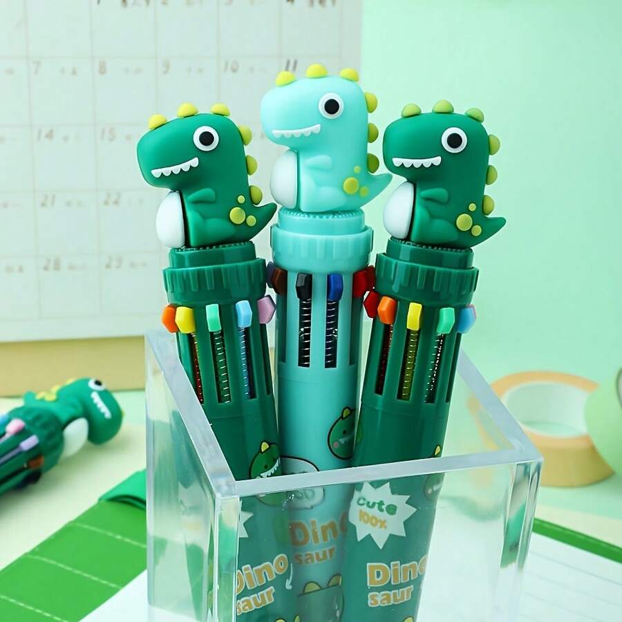 4/2/1 pezzo Penna a sfera retrattile a 10 colori a tema dinosauro, penna a spinta multicolore con cartone animato carino, penna colorata di alto valore per disegno, regalo di cancelleria divertente e creativo, design interessante, scrittura fluida, adatta per lavoratori d'ufficio, studenti e insegnanti.