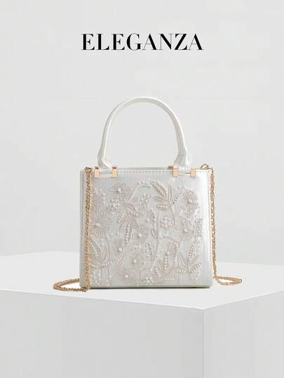 1pc White Embroidered Floral Faux Pearl Decor Handbag, Satin Clutch Purse, Elegant Shoulder Bag Suitable For Banquet, Party, Daily, Commute, School, Wedding, Travel, Matching Dresses And Gowns, Bags Ladies Elegant, Cream Bag