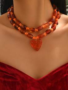 Elegant Vintage Quality Sexy Heart-Shaped Glass Inlaid Pendant With Golden Floral Pattern, Oval Resin With Asymmetrical CCB Metal Beads, Available In Bohemian, Dopamine, Brown Amber, Orange, Purple, Red Large Heart Pendant Necklaces, Asymmetrical Floral Resin Beaded Large Pendant Necklaces, High-End Women Jewelry Necklaces - Multicolor - View 12