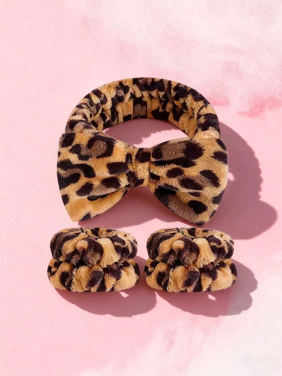 1/2/3Pcs Spa Headband For Washing Face Wristband Set,Skincare Headband And Wristband Set Headband Skincare Bathroom Wristband, Leopard Print Headband, Soft Bow Hair Band Skincare Headbands For Washing Face Women - Multicolor - View 1