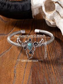 1件装西部风格手镯，女士蓝色绿松石手镯，西部乡村风格首饰 - 西部風牛頭開口手鐲 - 查看 2