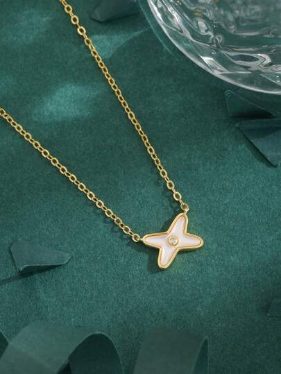 1pc High-Quality European & American Cubic Zirconia Copper Plated 18K Mother-Of-Pearl X Pendant Necklace, Luxury Gift For Women, Everyday Wear