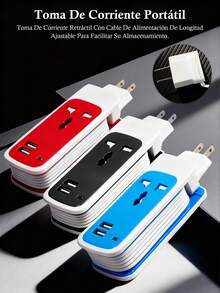 Regleta USB con 2 puertos de carga, regleta portátil, diseño con base enrolladora de cable, enchufes multiuso, cable alargador adecuado para uso doméstico, en la oficina y en el dormitorio. - Multicolor - Ver 1