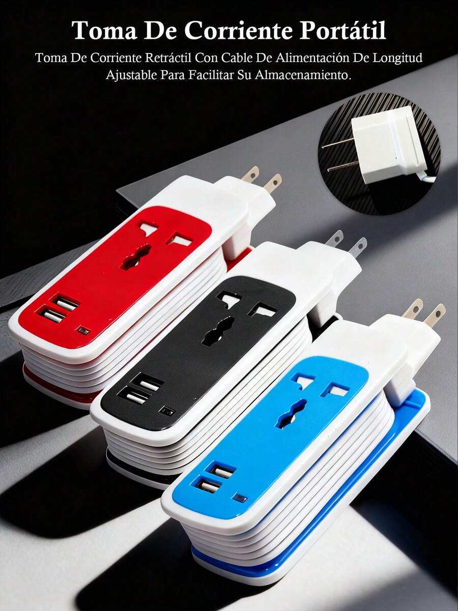 Regleta USB con 2 puertos de carga, regleta portátil, diseño con base enrolladora de cable, enchufes multiuso, cable alargador adecuado para uso doméstico, en la oficina y en el dormitorio. - Multicolor - Ver 1