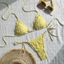 女士夏季海滩度假派对特制纯色纹理面料露背系带开衩比基尼套装 - 黃色 - 查看 6