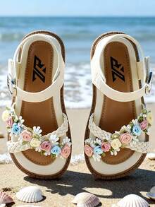 2026 Summer New Girls' Bohemian Colorful 3D Floral Woven Hook And Loop Sandals, Beige Faux Leather Soft Bottom Open Toe Sandals, Daily, Campus, Party, Beach Vacation Essential, Popular Trending Girls' Sandals, Fashion Design Princess Sandals, Soft Bottom Non-Abrasive Holiday Gift Choice - 米色 - 查看 14