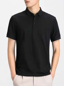 男士速干短袖 Polo 衫，优质珠地网眼针织面料 | 性价比高 | 时尚 | 舒适休闲 | 百搭高尔夫球衫 | 父亲节礼物 | 男士礼物 | 男士商务休闲 Polo 衫，纯色办公室风格 | 父亲节礼物 | 男士礼物 - 黑色 - 查看 3