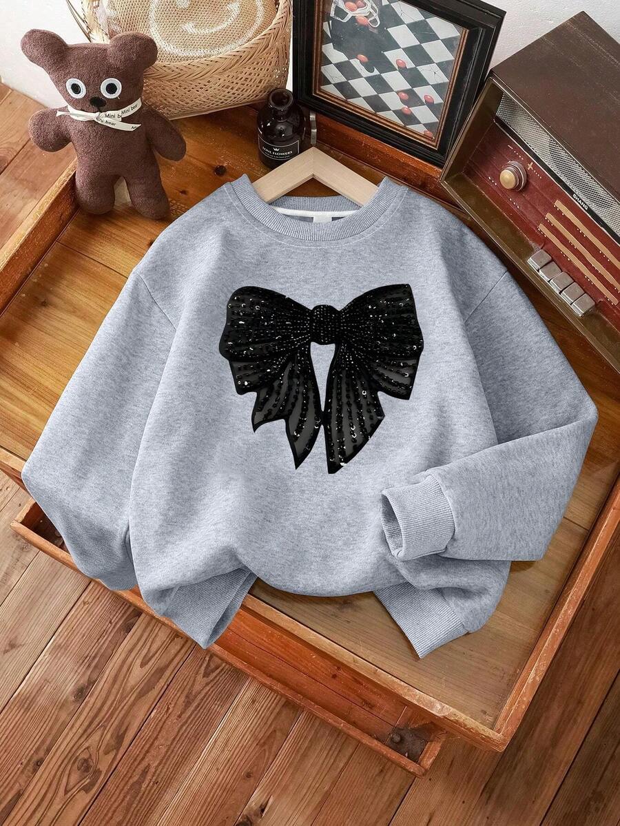 Áo nỉ in nơ dáng casual cho bé gái, thích hợp cho mùa thu/đông, áo chui đầu cổ tròn, thời trang cho mặc hàng ngày, lễ tốt nghiệp, tựu trường, ngày Nhà giáo, họp mặt, tiệc tùng, du lịch. - Xám - Xem 1