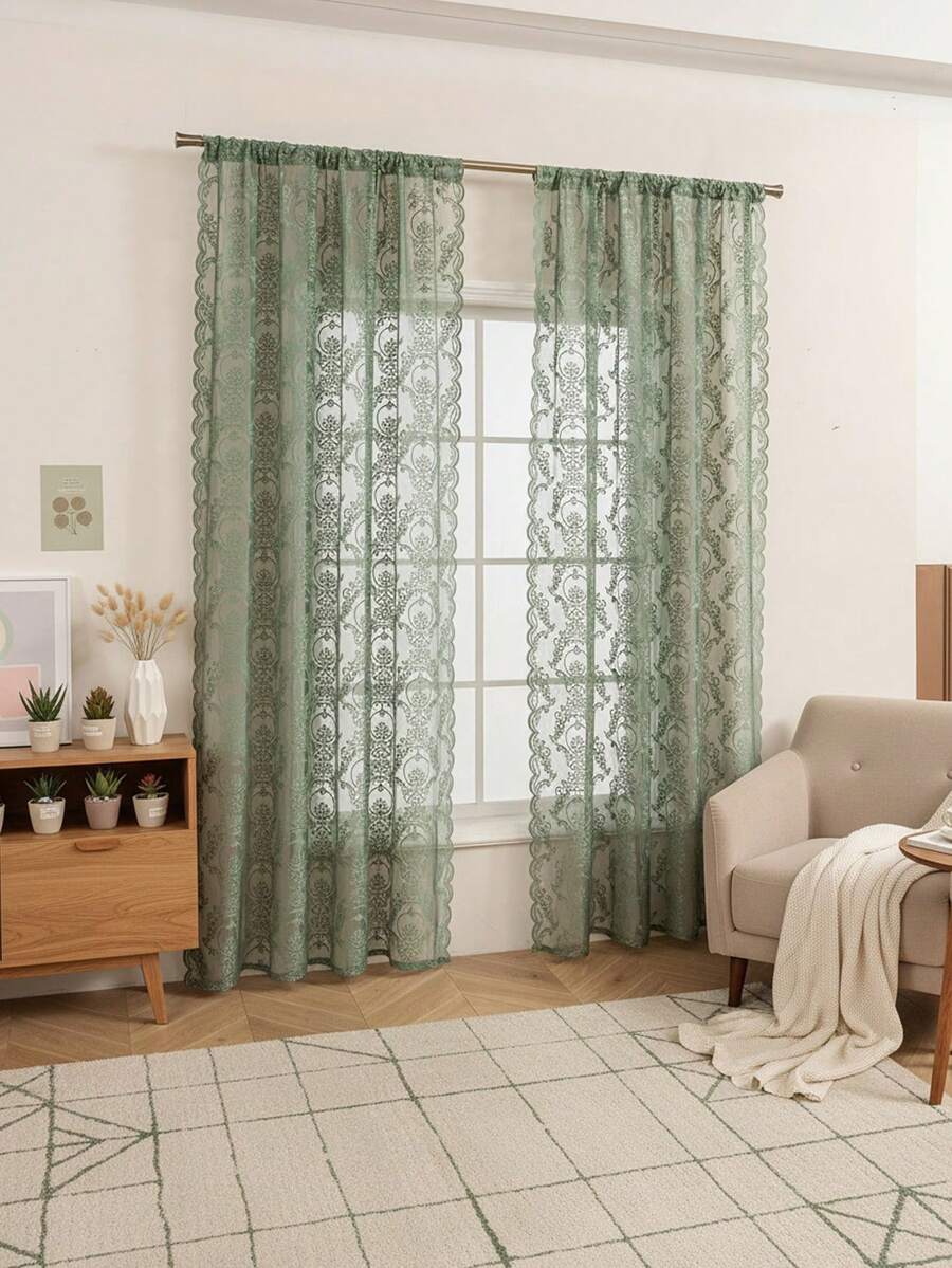 1pc Minimalist Floral Lace Curtain Panel For Living Room, Bedroom, Kitchen, Dining Room Decor - Green - View 1