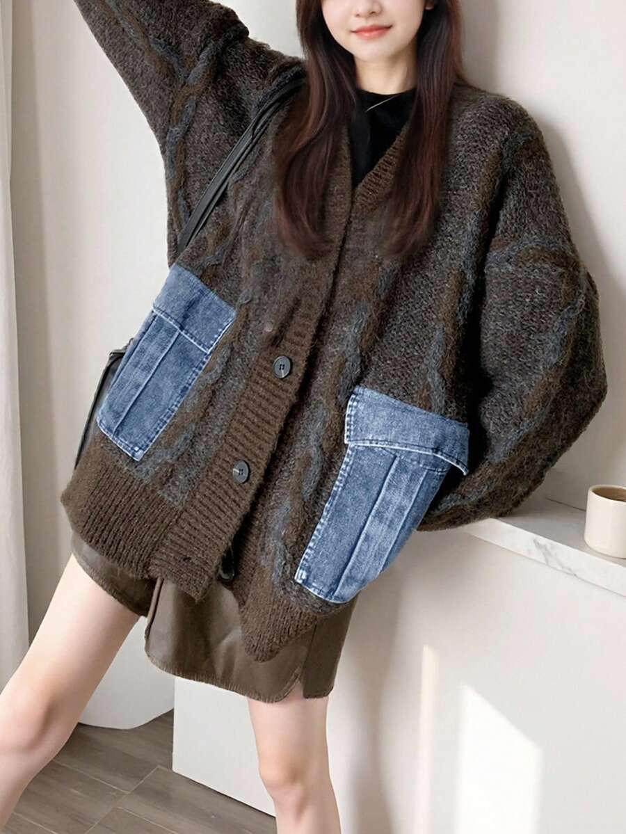 女式休闲V领牛仔口袋设计针织开衫,秋冬 - 咖啡棕 - 查看 1