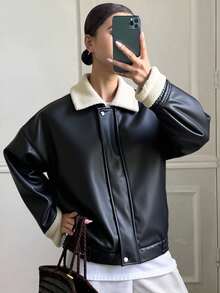 Livesso 女士PU皮革和仿羊羔绒拼接夹克，秋季女装 - 黑色 - 查看 2