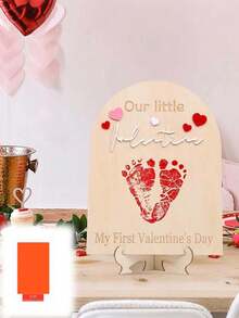 Our First Valentine's Day Footprint Wooden Board - Our Little Valentine's Day Wooden Milestone, Baby Footprint Wooden Craft, First Valentine's Day Memorial Milestone, Mini Valentine's Day Baby DIY Wooden Board - Khaki - View 3