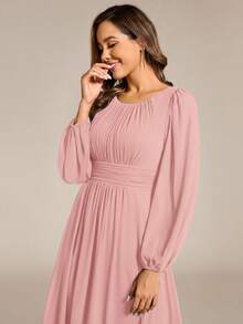 Đầm phù dâu tay dài, cổ tròn, dáng suông, chất liệu chiffon thanh lịch, thích hợp làm đầm dự tiệc cưới, đầm phù dâu màu hồng, đầm cưới mùa xuân cho nữ. - Hồng - Xem 7