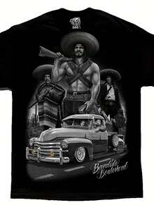 Bandido Chicano Lowrider Art Men'S T-Shirt - Vintage Mexican Lowrider Car Graphic Tee With Bandoleros - Black Streetwear Shirt For Car Enthusiasts & Chicano Culture Fans - David Gonzales DGA Designer Men'S Apparel, Allseason Apparel, Classic Round Neck, Regular Fit Shirt, Casual Wear, Retro Design, Durable Material, Urban Style - Black - View 7
