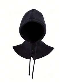 1 pieza Gorro de pasamontaña con cordón y cuello falso de mujer en color negro, capa con capucha tejida para protección del rostro y el cuello para actividades al aire esquí en invierno, regalo de Navidad - doble botón negro - Ver 2