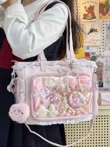 1个可爱日系女孩单肩包，饰有珍珠蝴蝶结和蕾丝边，优雅可爱，透明装饰，适合角色扮演、动漫展、日常使用，可拆卸可调节肩带，大容量手提包，适合学生、可爱时尚的女士手提包、钱包、痛包，可用于购物、聚会、展示动漫周边、旅行、上学等，情人节，可爱风 - 粉色 - 查看 8