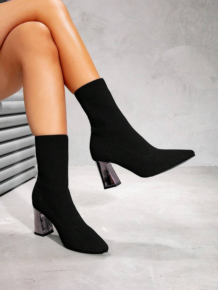 French Style High Heel Ankle Boots, Pointed Toe, Black, Chunky Heel, Elastic, Slim Fit, Autumn/Winter - Black - View 1